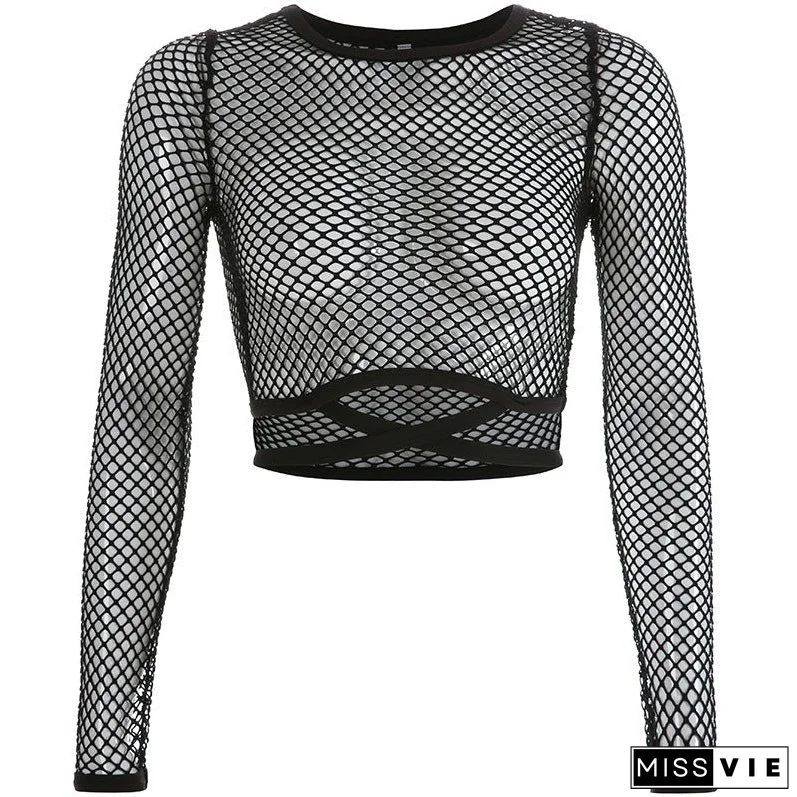 Women's New Mesh Hollow Sexy T-shirt Tops