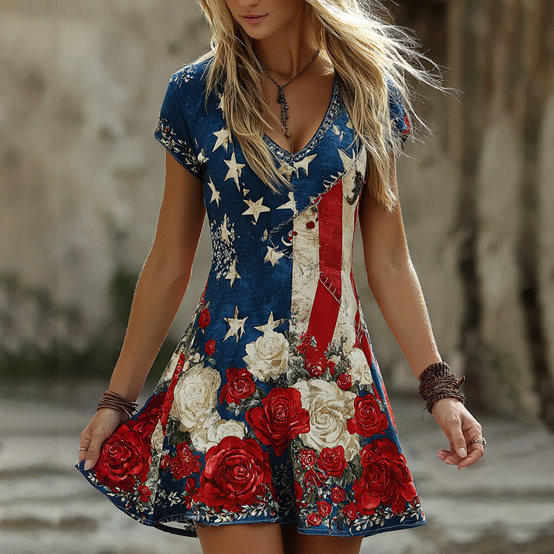  Women's Floral Design Contrast Print Mini Dress Westsshops