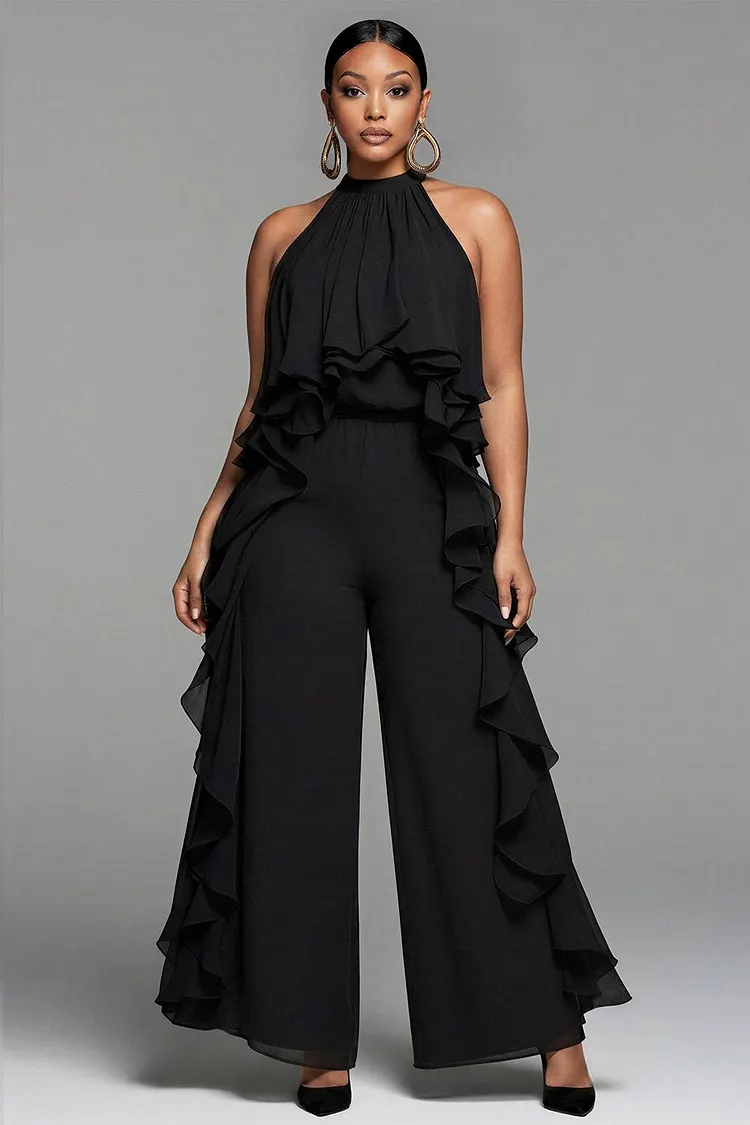 Xpluswear Design Plus Size Party Black Halter Collar Ruffle Pocket Chiffon Two Piece Pant Sets [Pre-Order] 2024 - Xpluswear