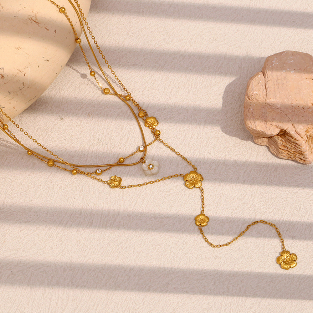 Fashion Niche French Pendant Stainless Steel 18K Gold Plated Flower Three-Layer Tassel Necklace For Women