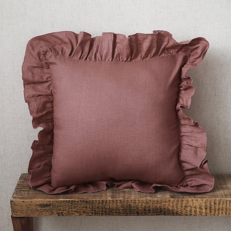 Light Red 100% Flax Linen Pillowcases With Ruffled-ChouChouHome