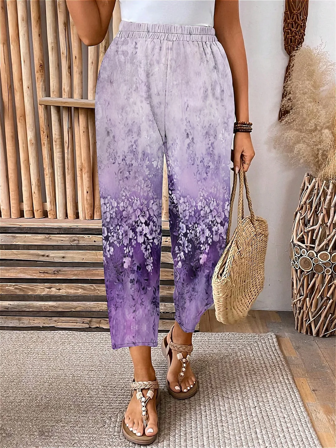 Plus Size Elastic Waist Purple,Floral,Bohemian Printed Pants