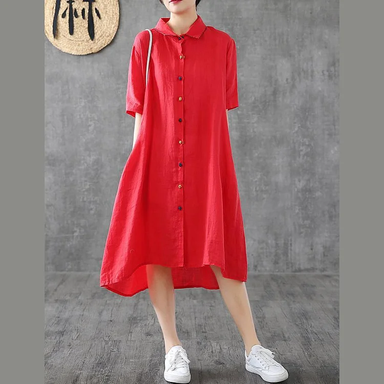 Women red linen Robes lapel Button Down linen robes Dress