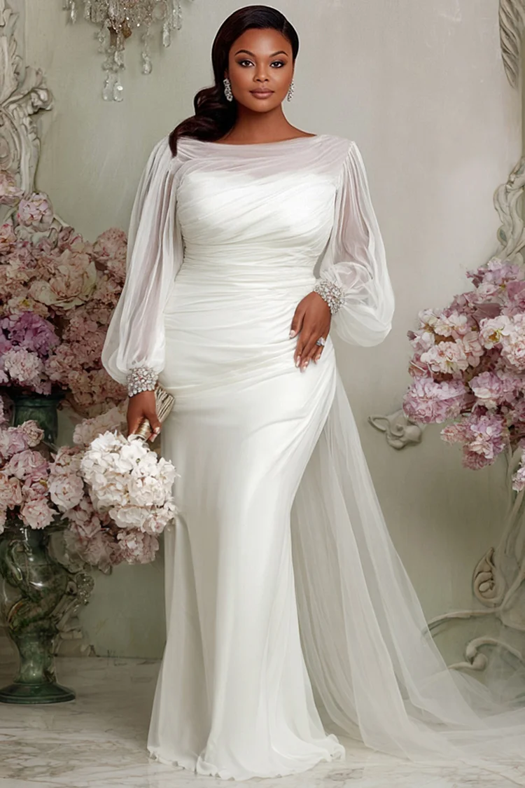 Xpluswear Design Plus Size Wedding Tulle White Boat Neck Lantern Sleeve Long Sleeve With&nbsp;Skirt&nbsp;Overlay&nbsp;See Through Satin Maxi Dresses [Pre-Order] 2024 - Xpluswear