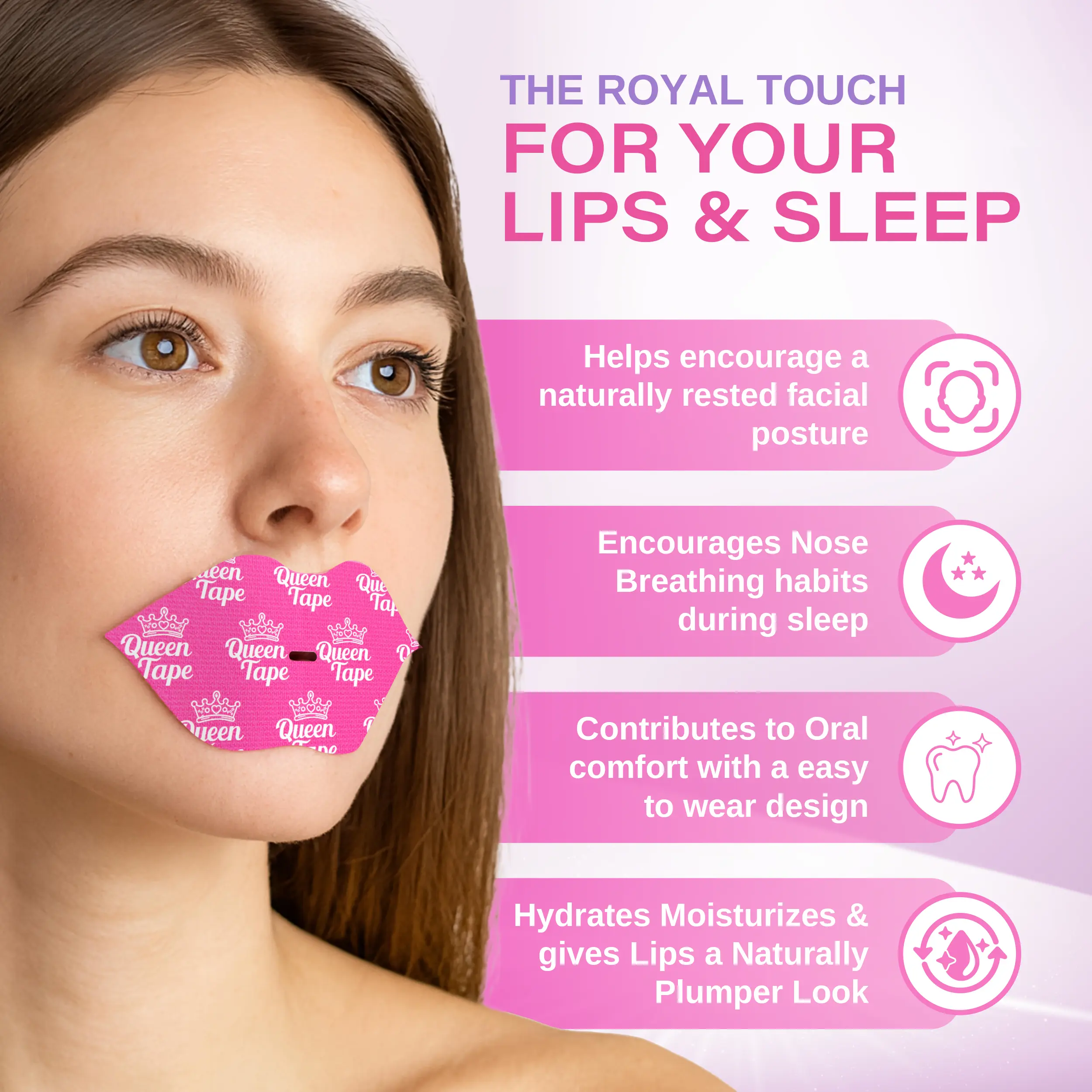 Queen Tape - Hydrating & Moisturizing Mouth Tape For Sleep - Royal Plump Edition - Lip Plumping - Mouth tape with Collagen Hyaluronic Acid & Vitamin E - Built in Lip Mask - Royal Lips - One Month Supply