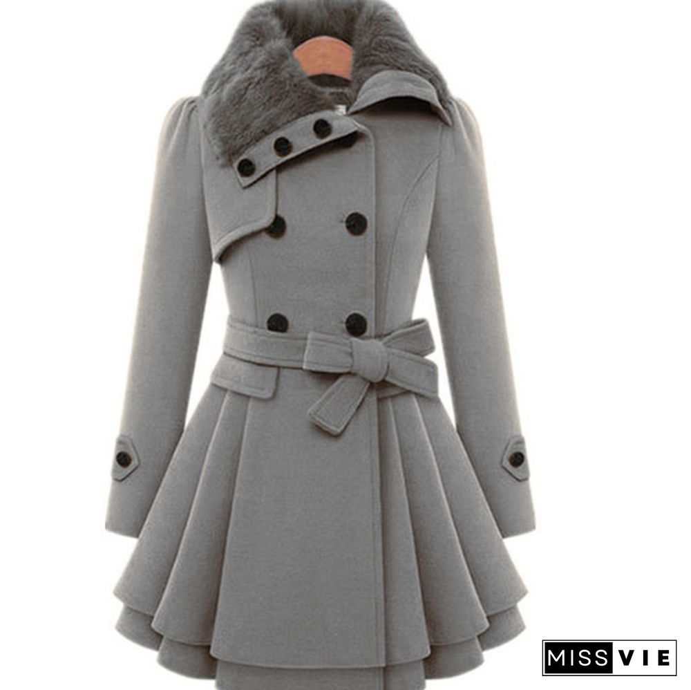 Winter Coat Womens Wool Blend Jacket Warm Lady Fur Collar Peacoat Woolen Jackets Plus Size