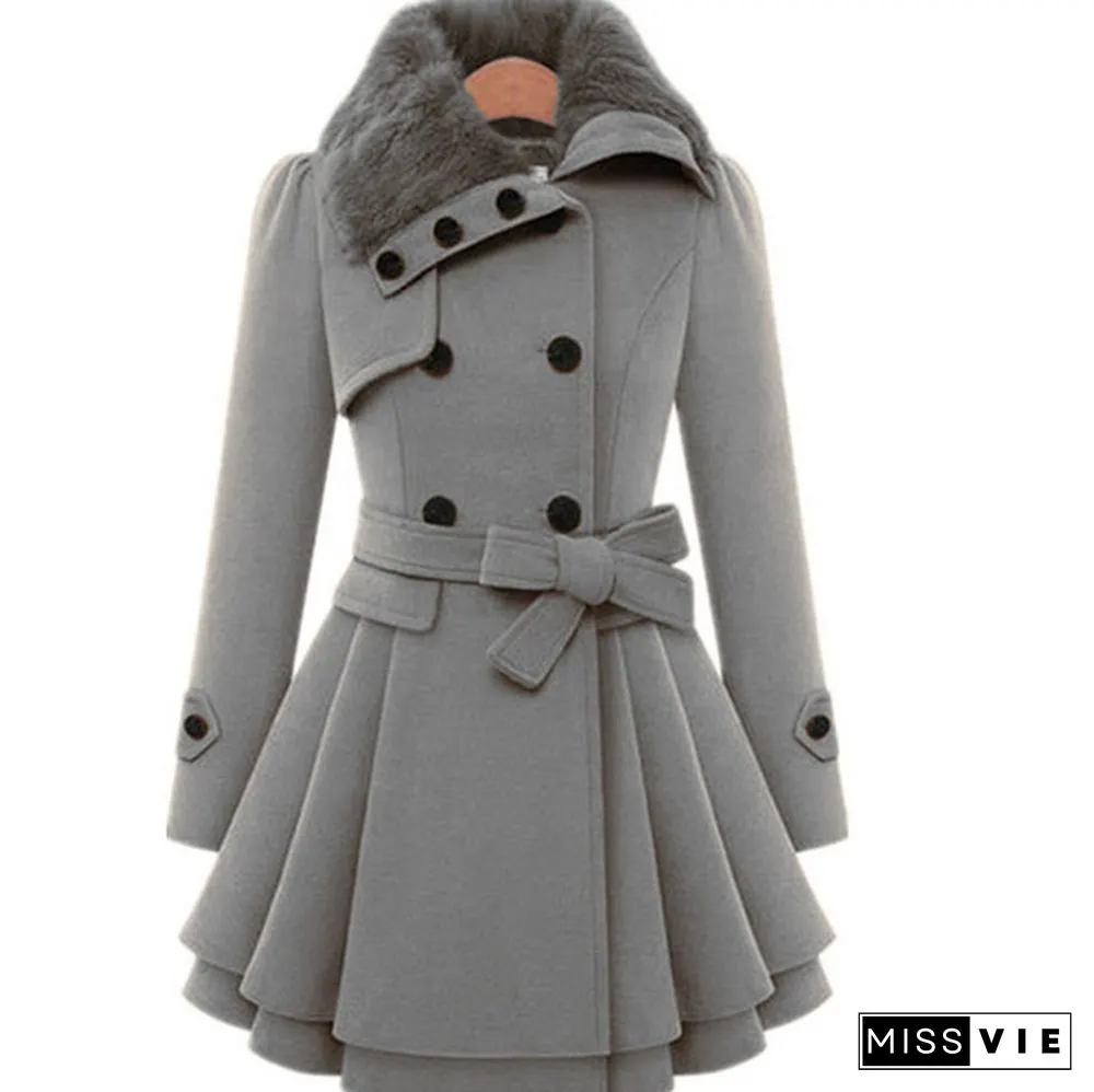 Winter Coat Womens Wool Blend Jacket Warm Lady Fur Collar Peacoat Woolen Jackets Plus Size