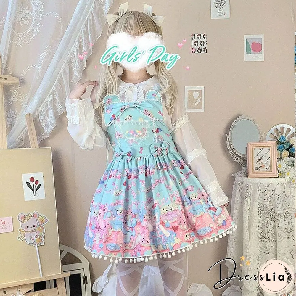 Sweet Lolita Milk Foam Pudding Print Cute Jsk Strap Dress Women Summer Tea Party Princess