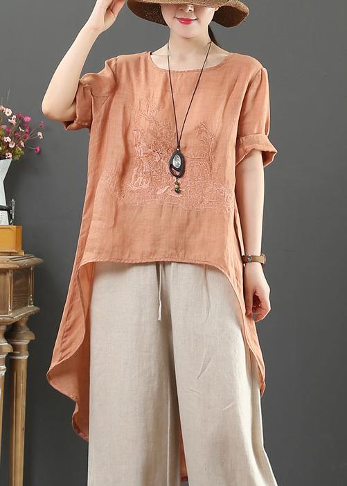 VCSHOES o neck low high design cotton Blouse orange embroidery short shirt