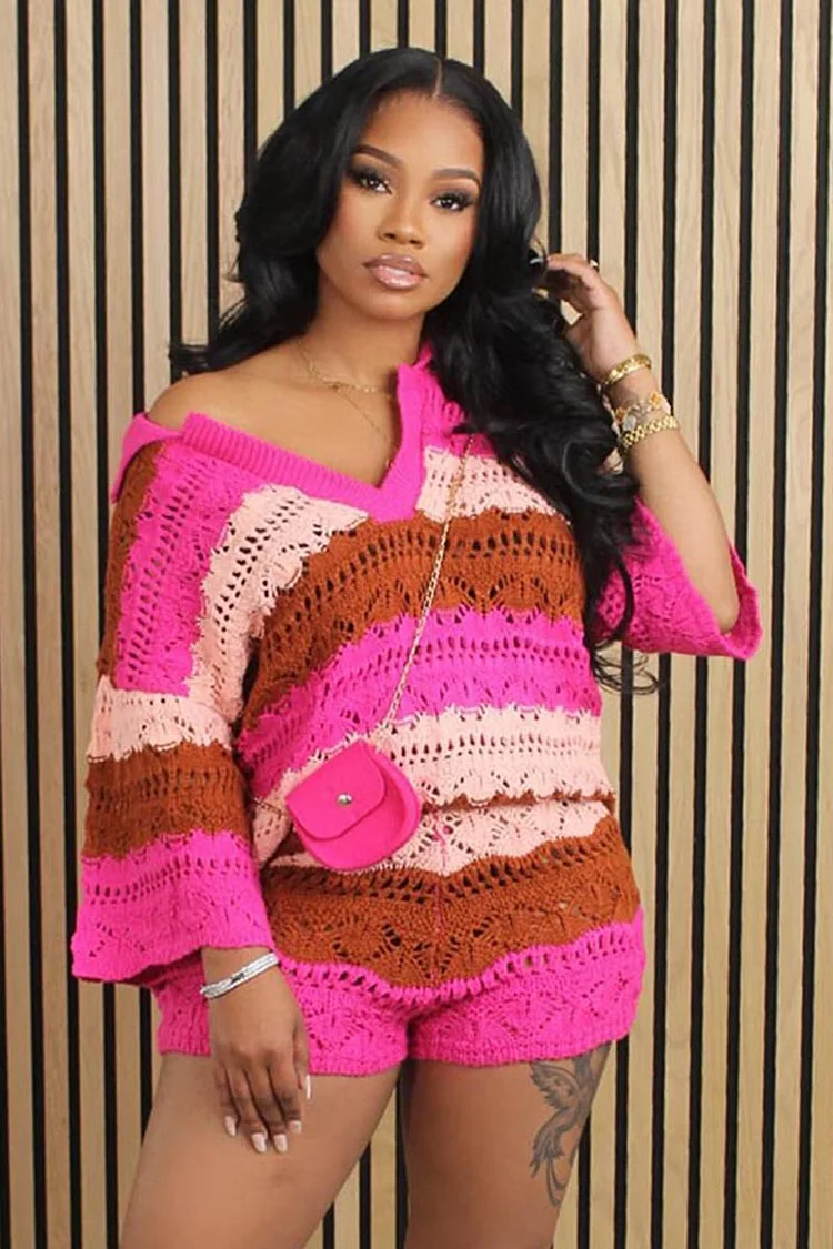 V Neck Dropped Shoulder Loose-Fit Sweater Colorblock Shorts Hollow Out Knit Matching Set-Fuchsia