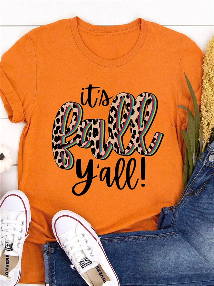 Orange Its Fall Yall Leopard Print Casual T Shirt