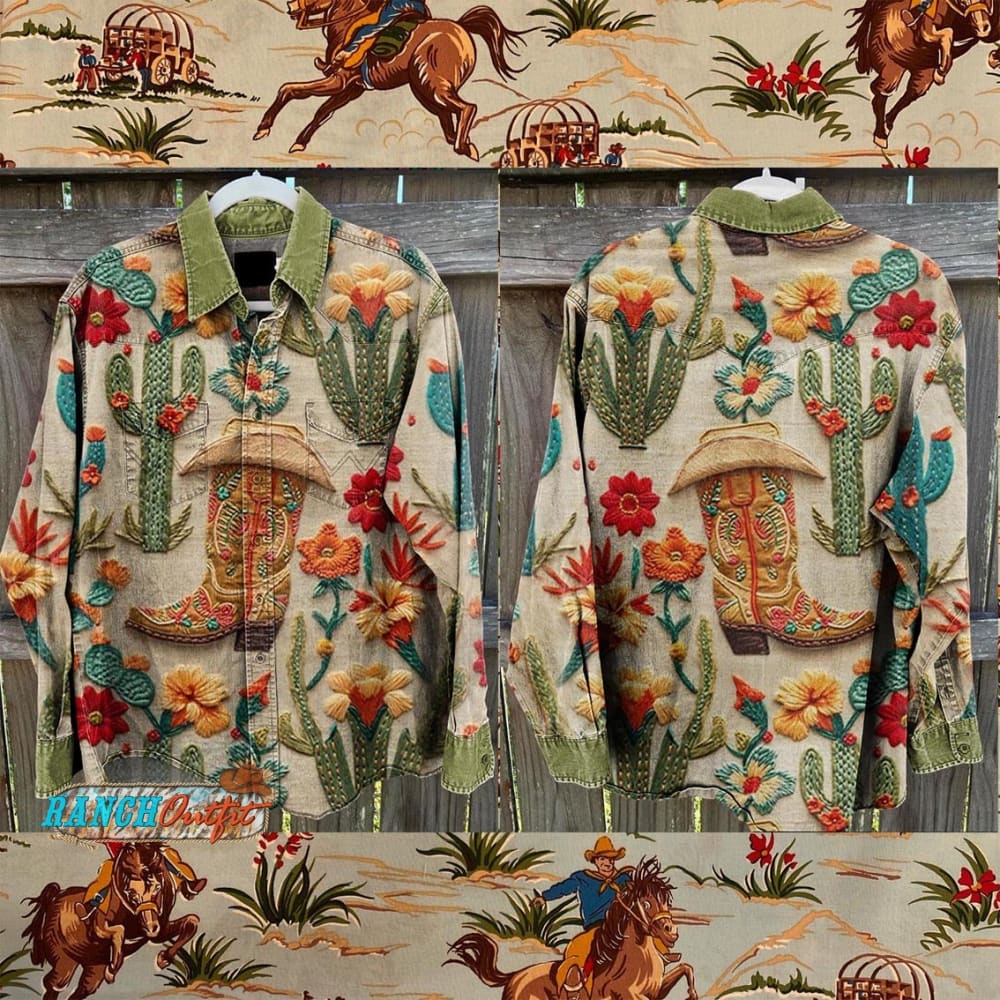 Vintage Western Embroidery Boots And Floral Print Casual Shirt Multicolor / S