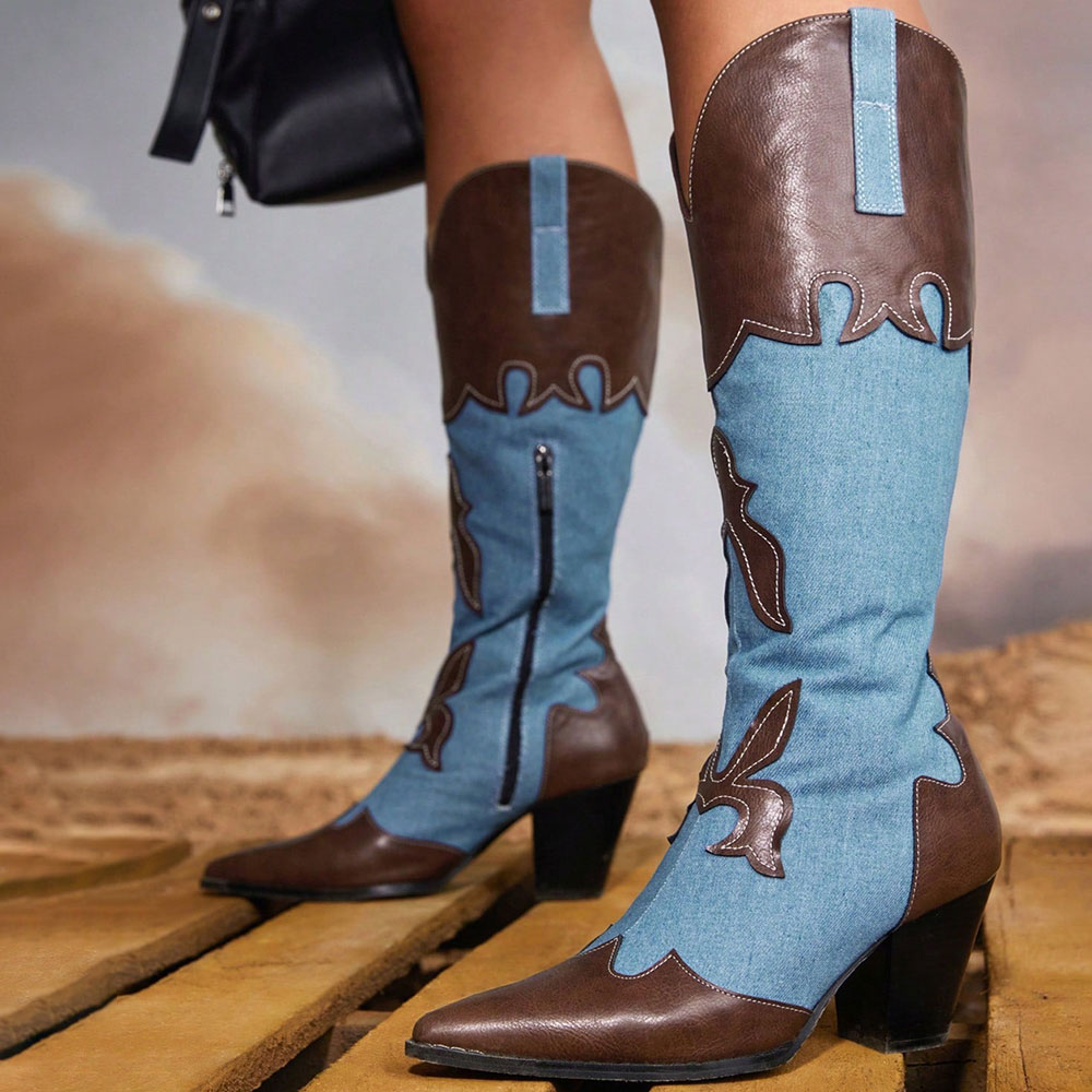 Blue & Brown Denim Pointy Toe Block Heel Patchwork Knee-High Boots Nicepairs