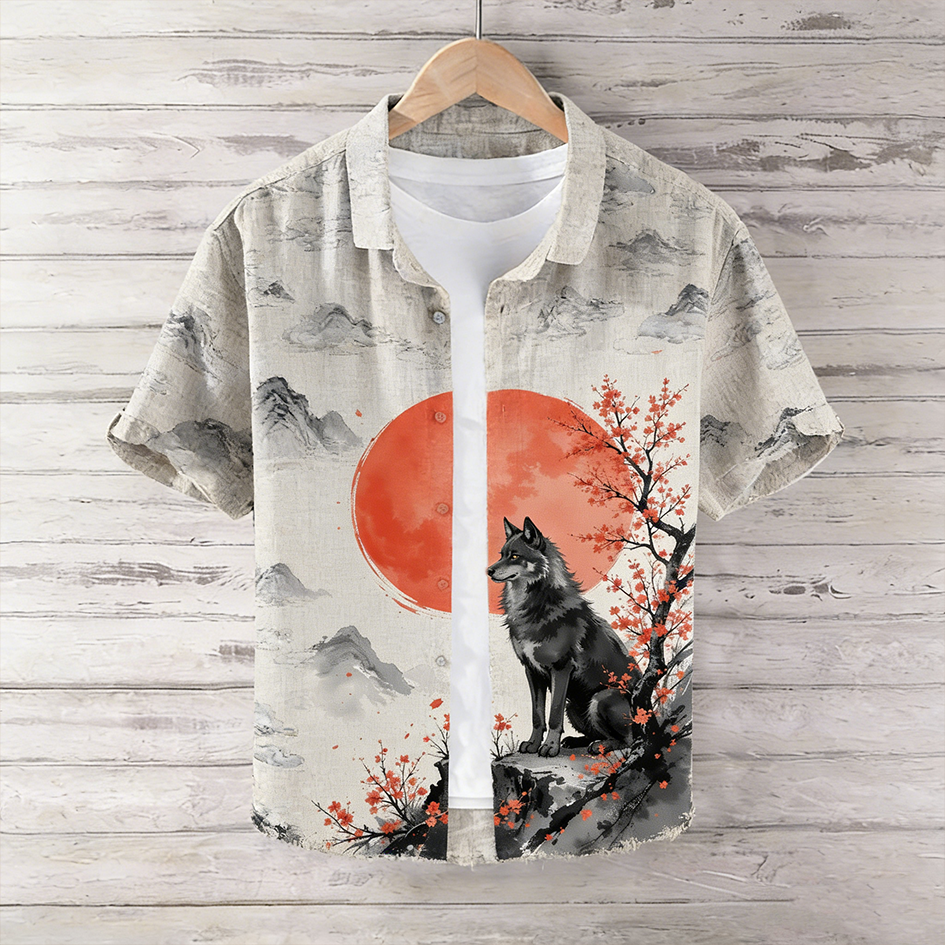 Japanese Art Style Retro Wolf Pattern Cotton And Linen Shirt  artssus