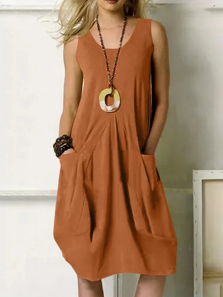 Solid Pockets Crew Neck Sleeveless Midi Dress