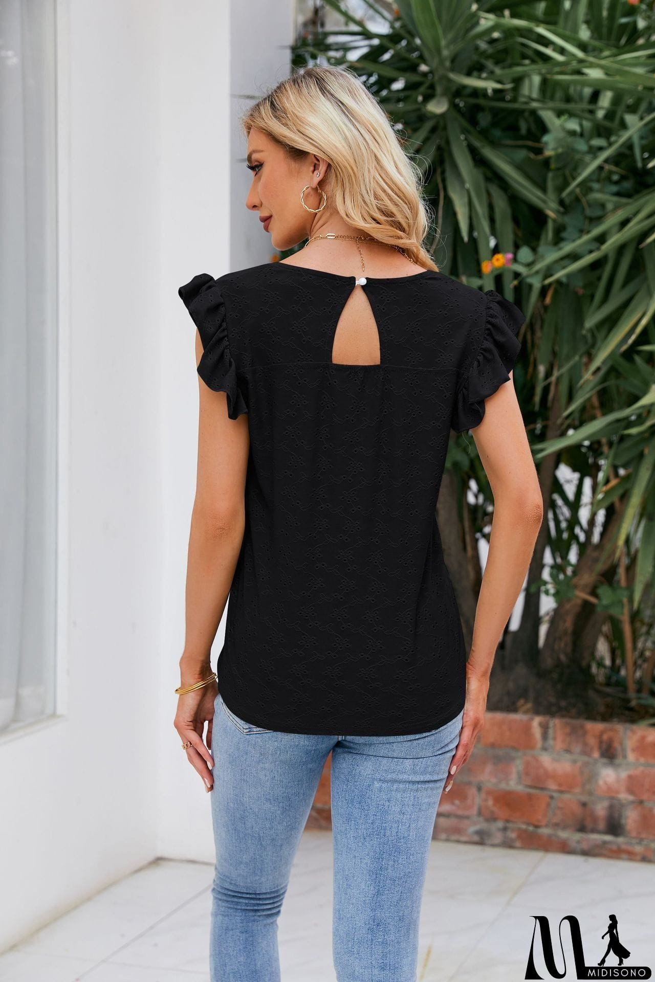 MidiSono - V-Neck Flutter Sleeve Eyelet Top