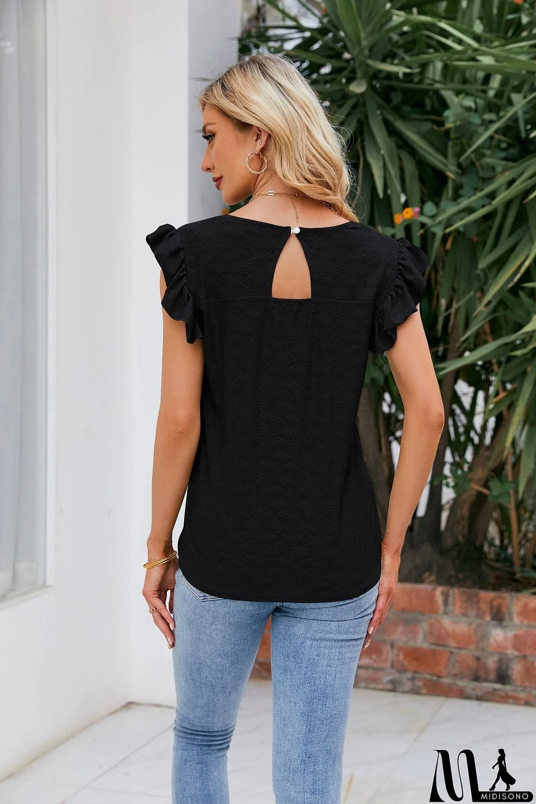 MidiSono - V-Neck Flutter Sleeve Eyelet Top