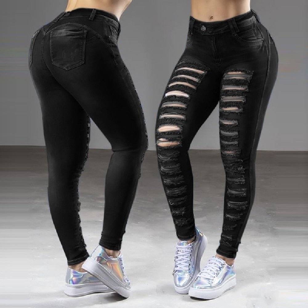 Jeans Women Skinny  Slim High Waist Stretchy Woman Pants Bodycon Streetwear Hole Washed Denim Pencil Trousers 2021