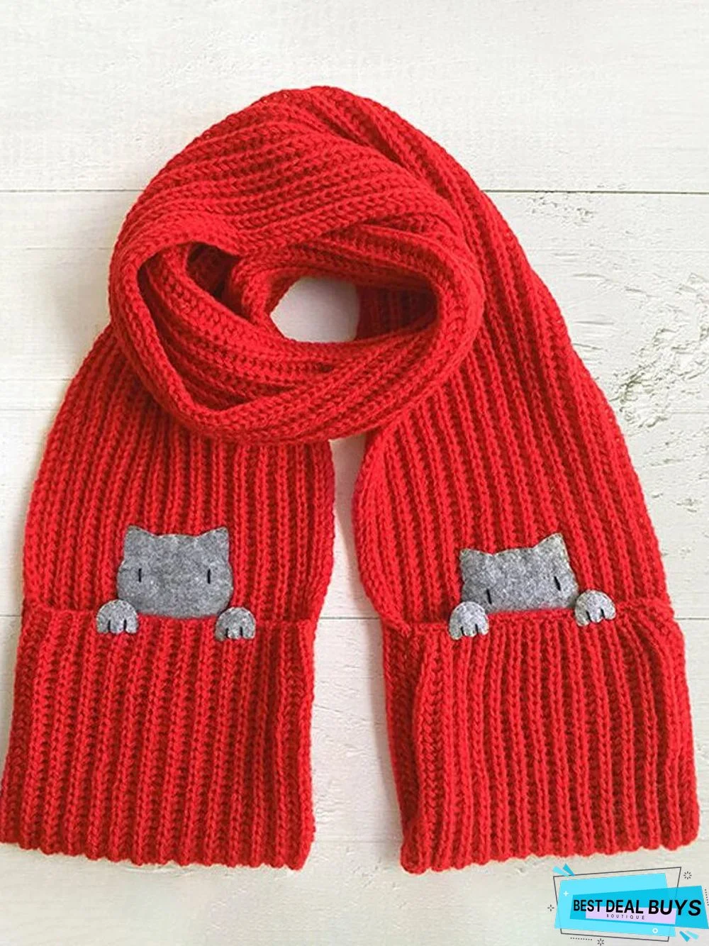 Casual Red Wool Webbing Pocket Cat Pattern Long Scarf