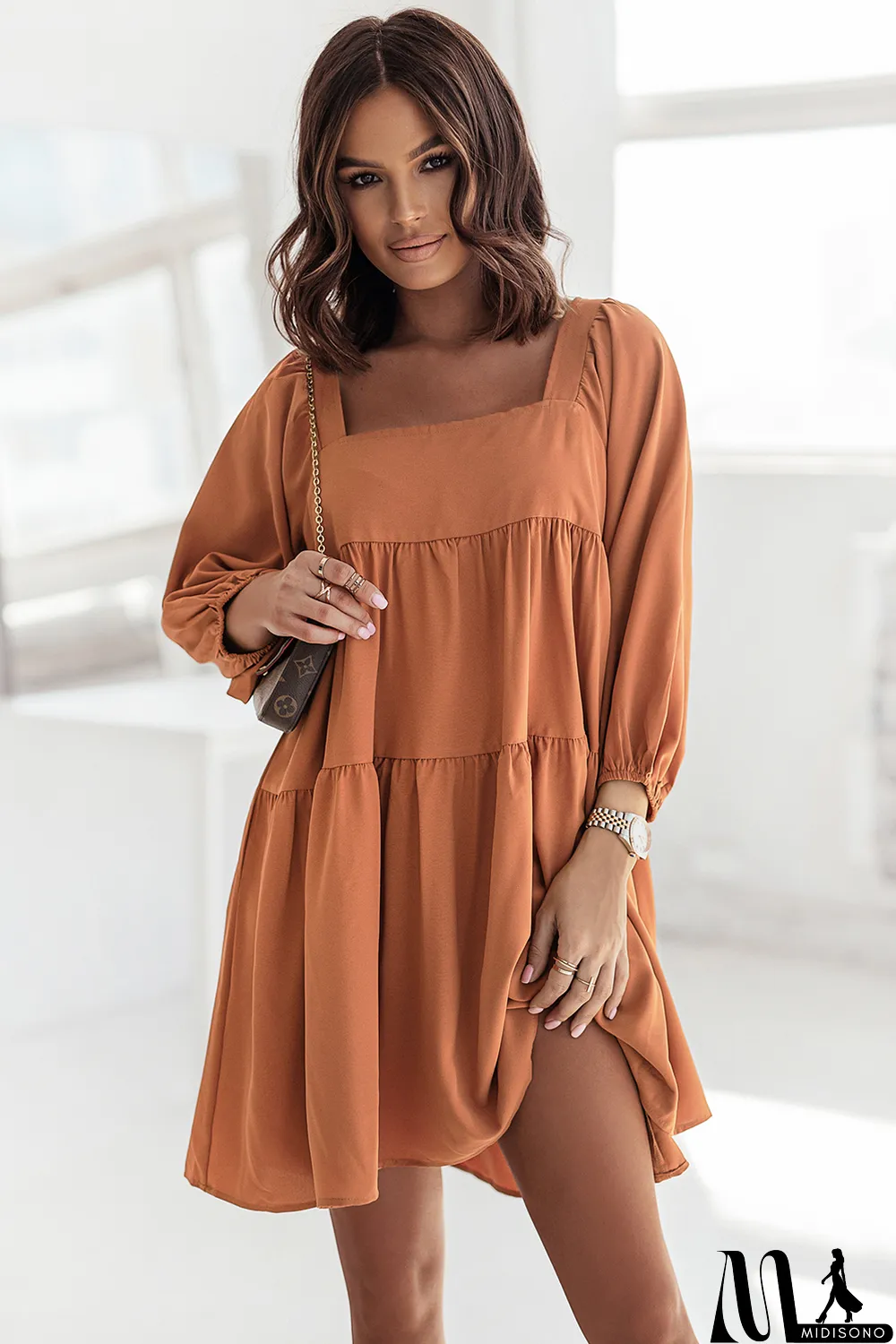 MidiSono - Brown Square Neck Half Sleeve High Low Mini Dress