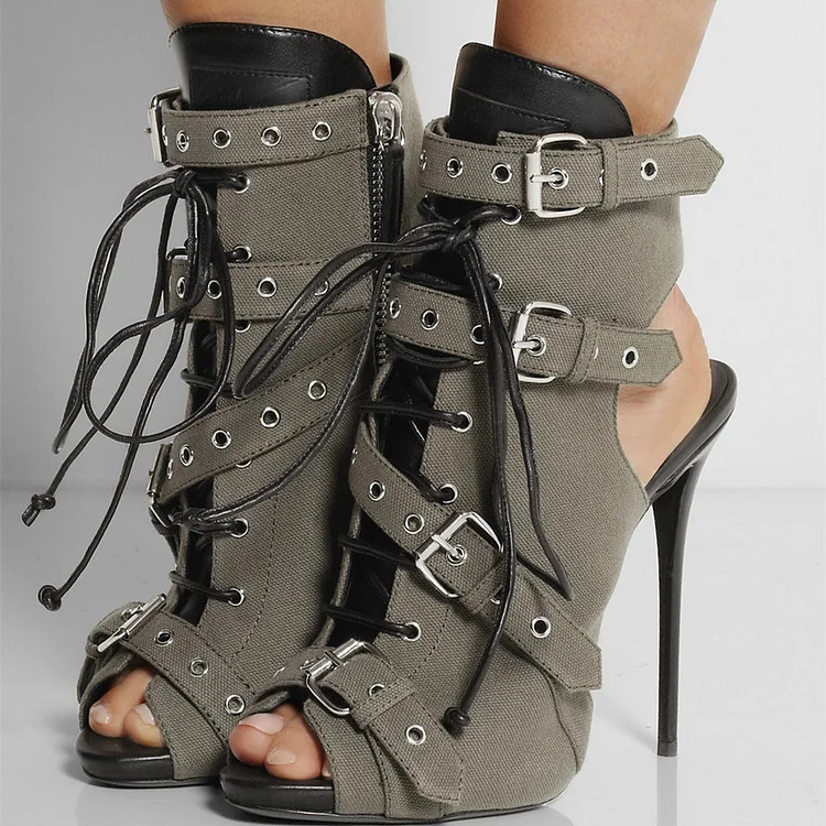 Grey Lace up Boots Peep Toe Slingback Ankle Booties with Buckles |FSJ Shoes