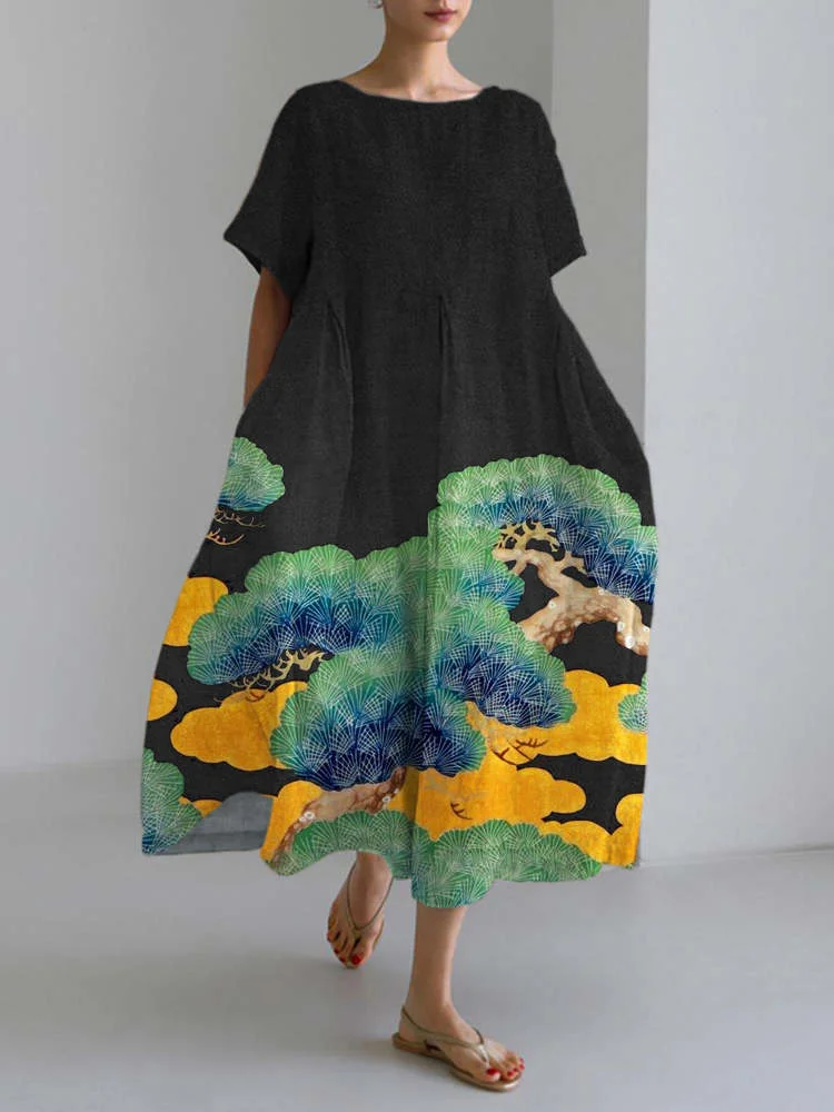Pine Tree Japanese Print Linen Blend Maxi Dress