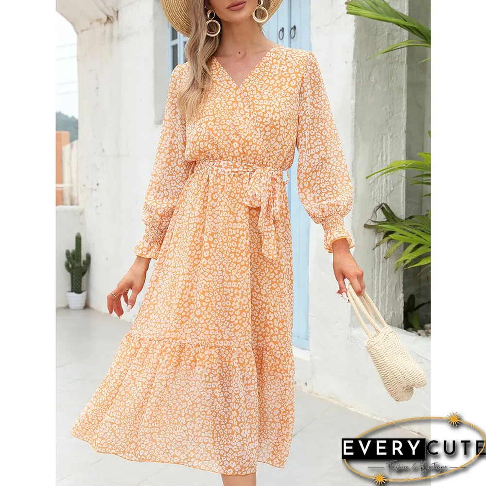 Yellow Floral Print V Neck Long Sleeve Swing Dress