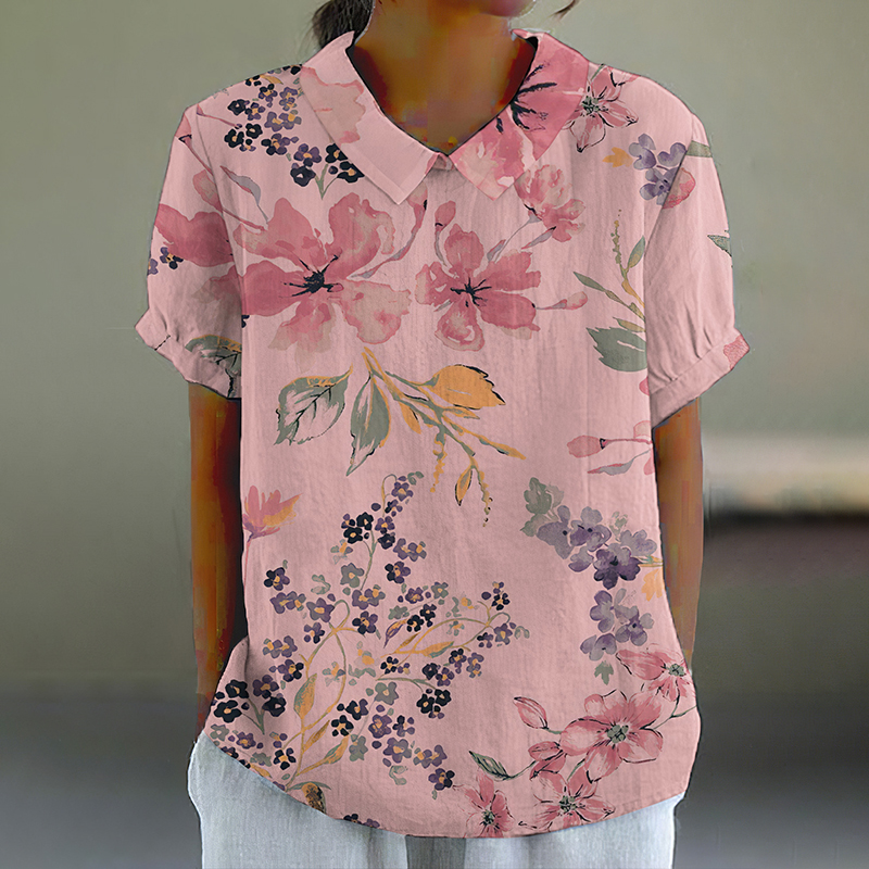 Comstylish Elegant Floral Art Print Casual Cotton Linen Shirt