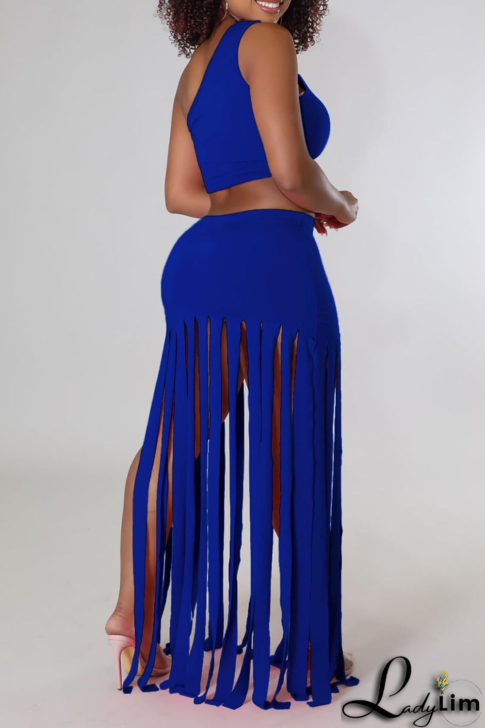 Black Sexy Solid Tassel Patchwork Oblique Collar Two Pieces
