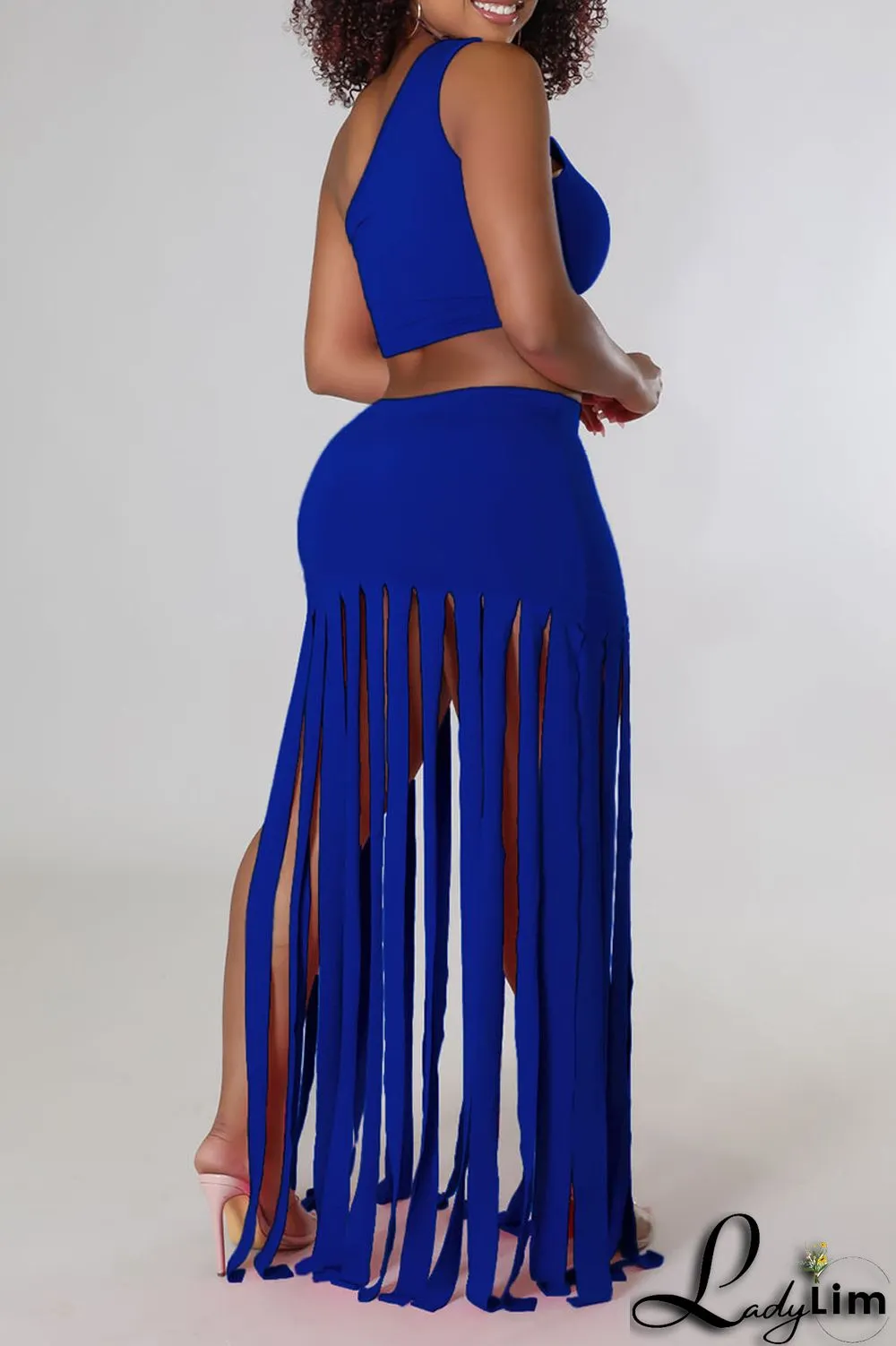 Black Sexy Solid Tassel Patchwork Oblique Collar Two Pieces