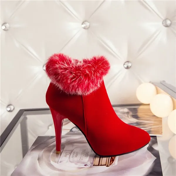 Meotina Sexy Women Boots Winter High Heels Ankle Boots Shoes Women Fall Ladies Short Boots Snow Fur Zip White Red Big Size 11 45