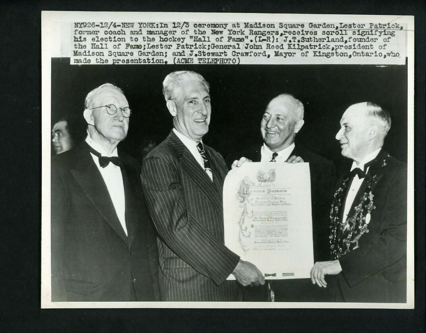 Lester Patrick elected to Hall of Fame 1947 Press Photo Poster painting New York Rangers