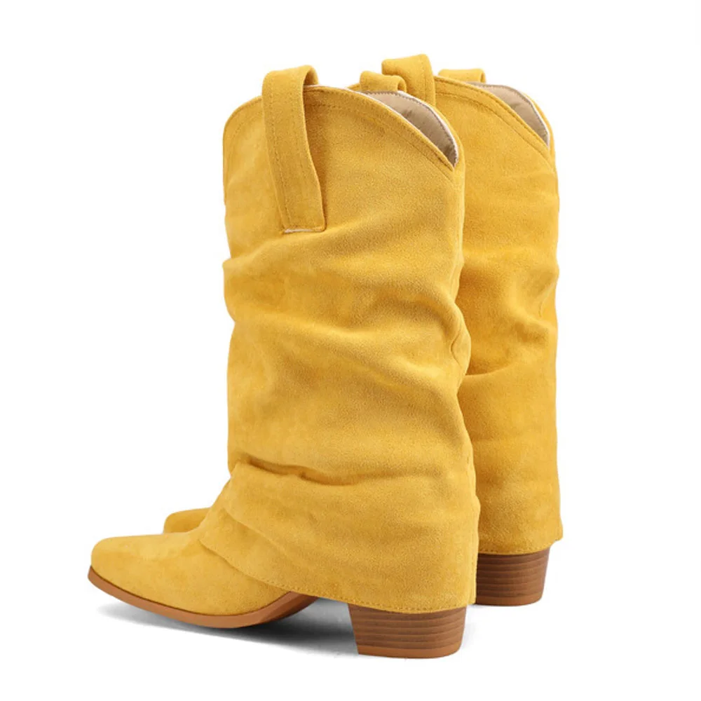 Block Heel Snip Toe Yellow Fold Over Cowgirl Boots for Women