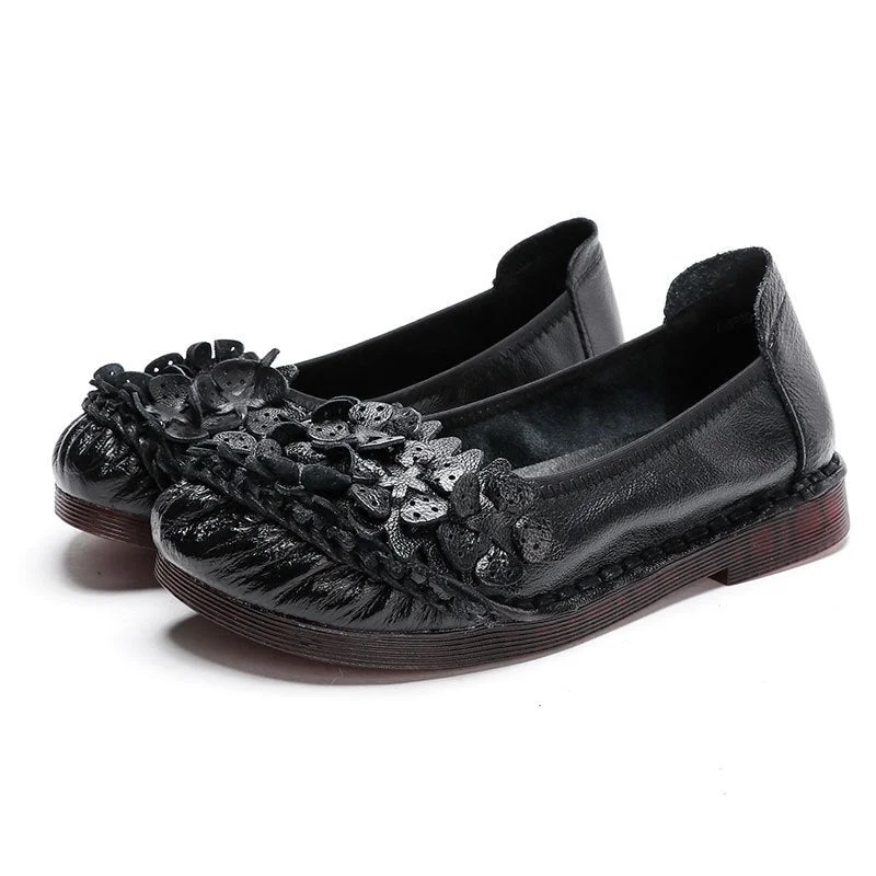 Glglgege Spring Autumn Handmade Flower Round Toe Cowhide Women's Genuine Leather Shoes Comfortable Soft Lady Flats Shoes