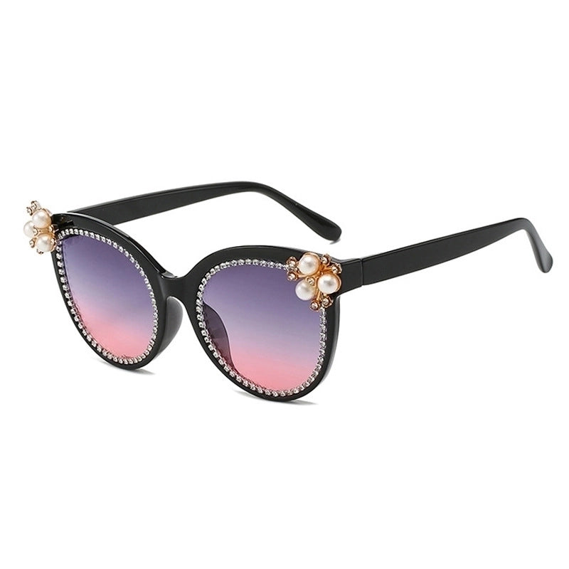 Elegant Color Block Pc Cat Eye Inlaid Pearls Inlaid Zircon Full Frame Women’s Sunglasses