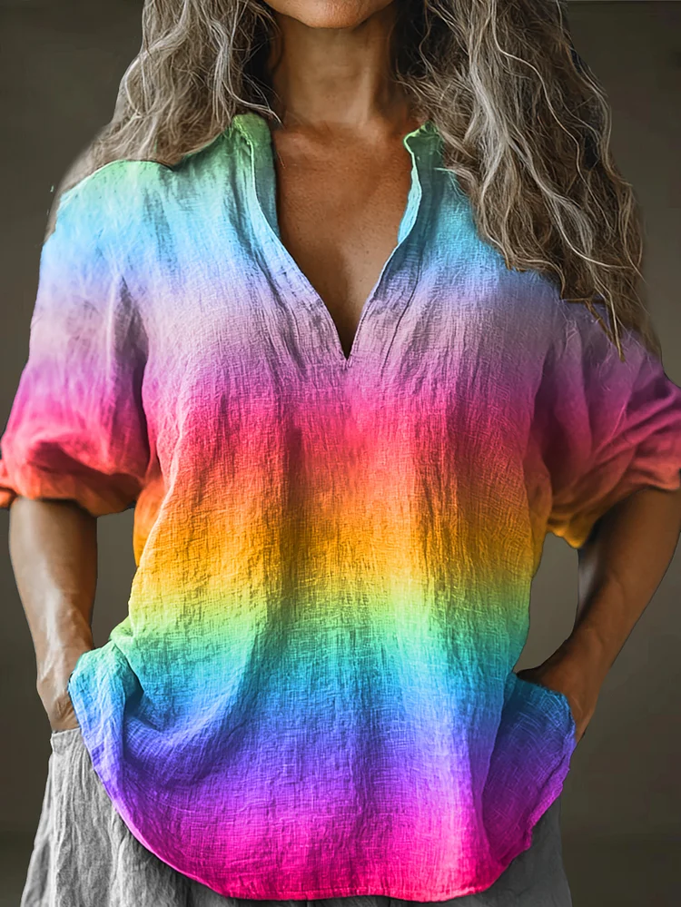 Women's Rainbow Abstract Art Pattern Print Long Sleeve Comfortable Cotton And Linen Shirt
