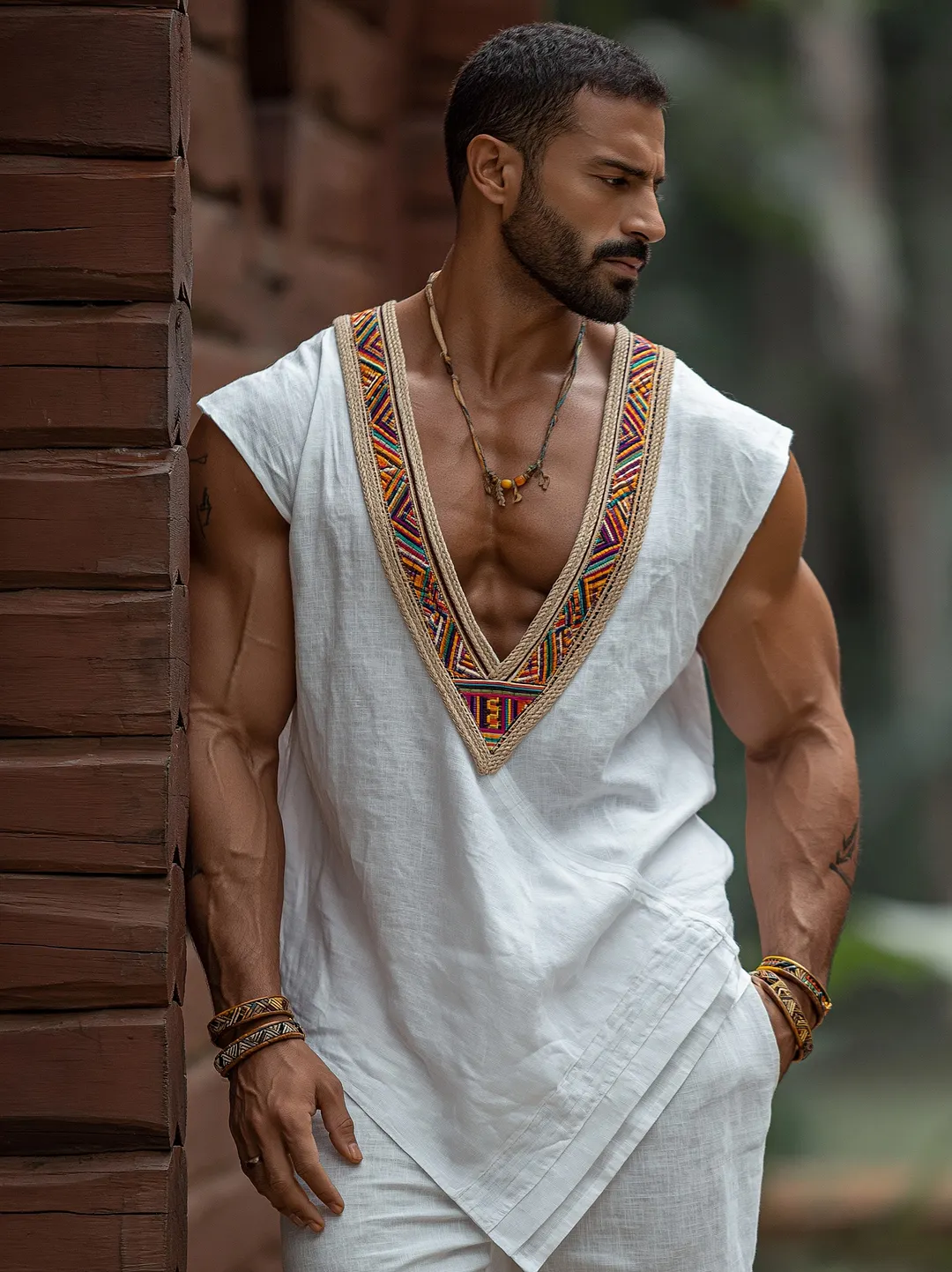 Linencotton Embroidered V-Neck Sleeveless Tunic For Men Boho Ethnic Style Summer Wear-INSPIREUSE
