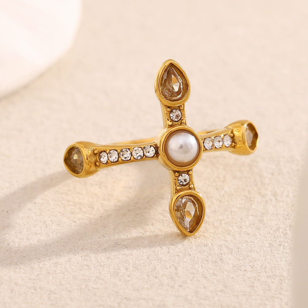 Hot Sale Retro Niche French Design Hand Stainless Steel Plated 18K Gold Cross Ring Female