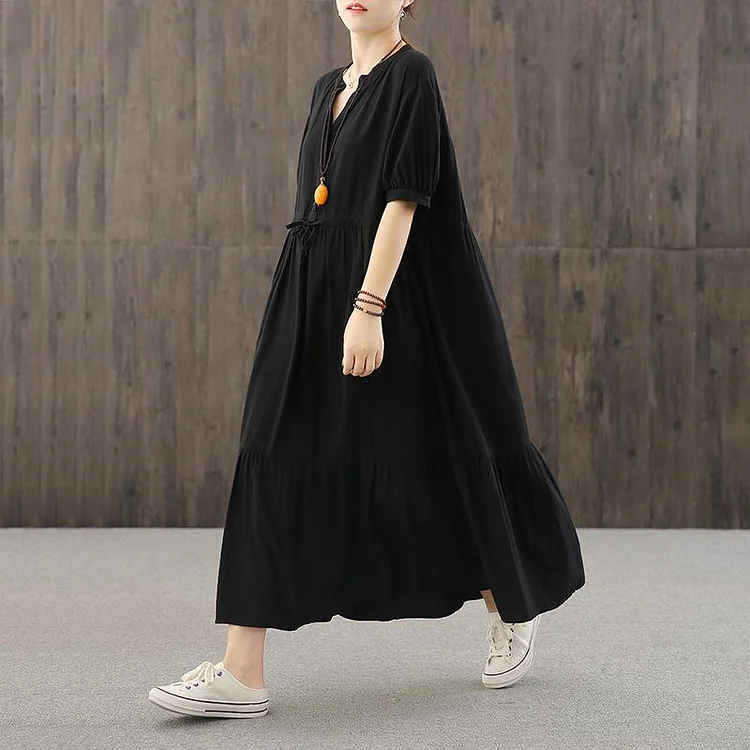 Loose v neck wrinkled quilting dresses Work Outfits black Robe Dresses
