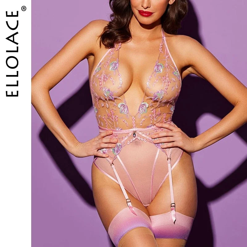 Ellolace Hot Sexy Lingerie Bodysuit Sensual Floral Embroidery Transparent Body Fetish Novelty Special Use Porn Erotic Costumes