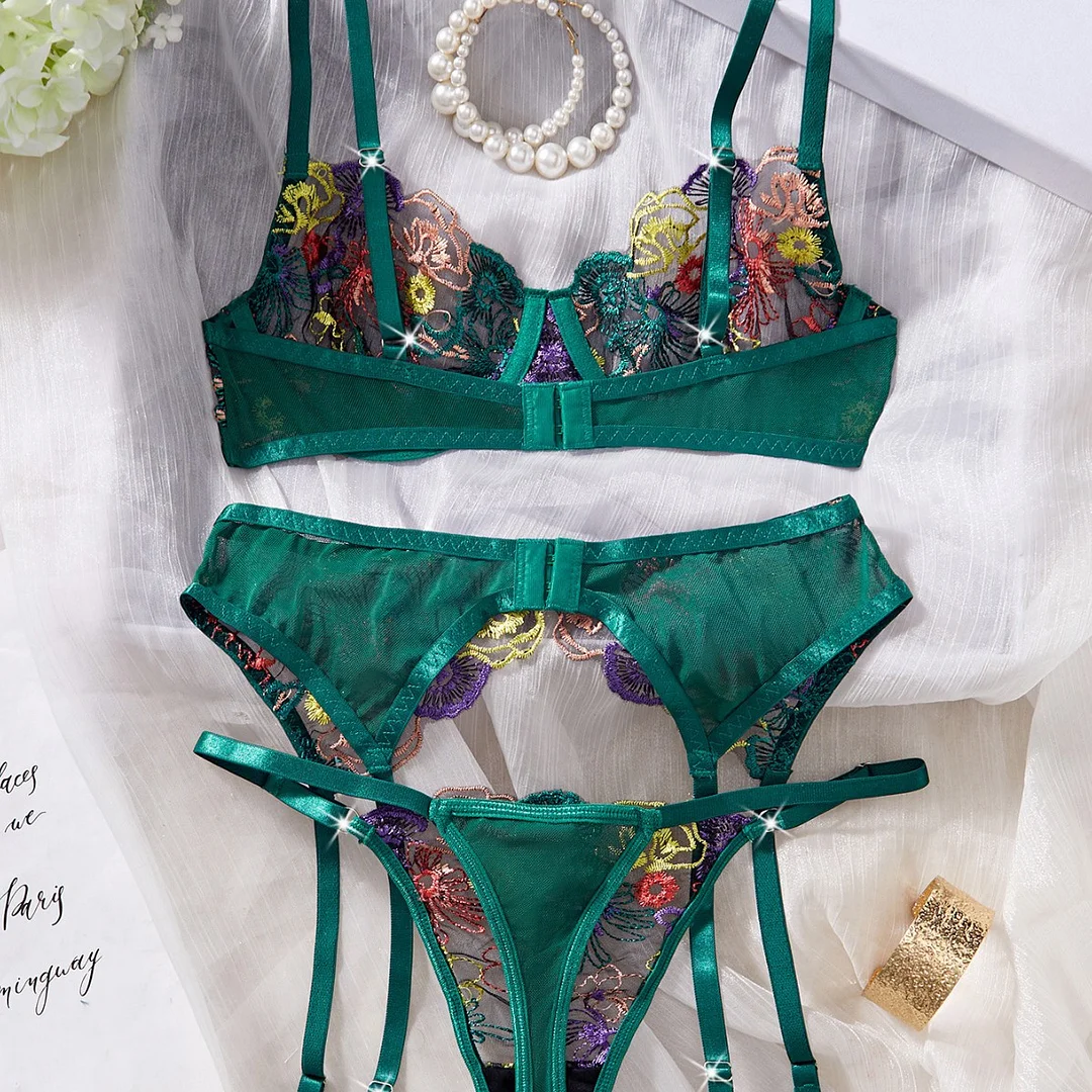 Uaang Autumn New Transparent Seduction Color Embroidery Mesh Splicing Sexy Lingerie Three Sets