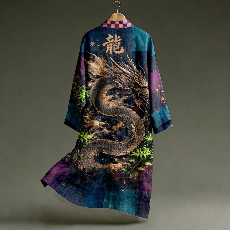 Men's Retro Japanese Dragon Patchwork Art Linen Blend Long Kimono  artssus