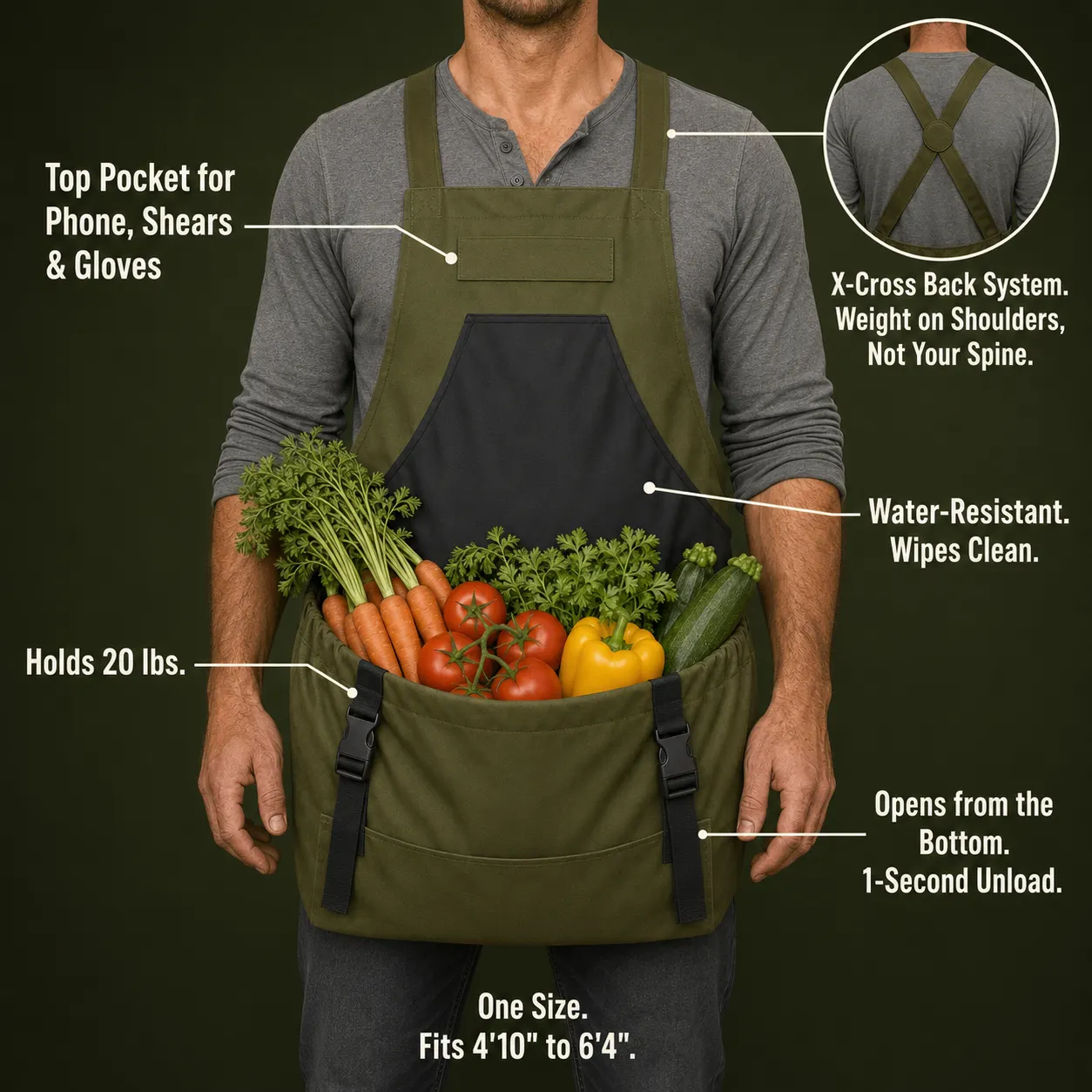 Blue harvest apron front and back
