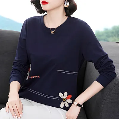 Floral Letter Embroidery Long Sleeve Shirt Women Spring Autumn T-Shirts Loose Clothes