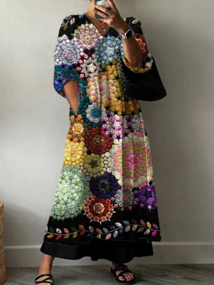 Women's Patchwork of Colourful Irregular Flowers Print Pocket V-neck Cotton Dress