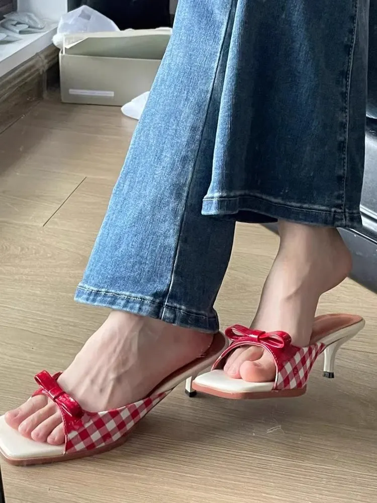 Yyvonne Head French Lattice Cool Slippers Women Wear Bows Out Toe High Heel Sandals