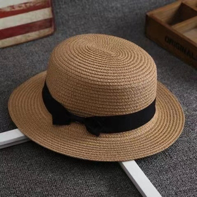 Straw Hat Summer Travel Bow Big Flat Top Hat Sunshade Sun Protection Retro Small Top Hat Beach Hat