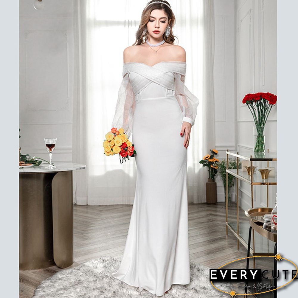 Women Fashion Evening Party Solid Color Drop Shoulder Wedding Dress