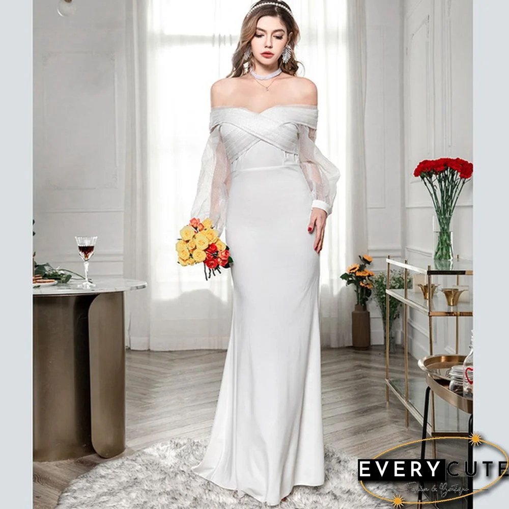 Women Fashion Evening Party Solid Color Drop Shoulder Wedding Dress