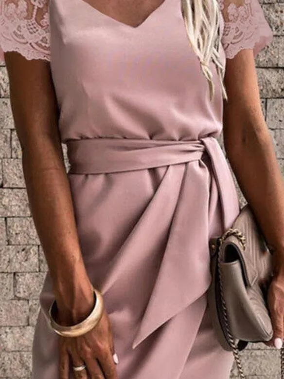Solid Color Lace Sleeve V-neck Dress
